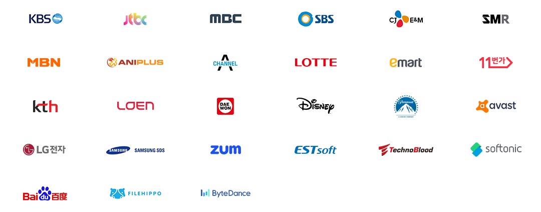 KBS, jtbc, MBC, SBS, CJENM, SMR, ANIPLUS, CHANNEL A, MBN, LOTTE, KTH, DAE WON, LOEN, Disney, Paramount Pictures, LG전자, SAMSUNG SDS, ZUM, EST soft, TechnoBlood, 11번가, softonic, Baidu, FILEHIPPO 등